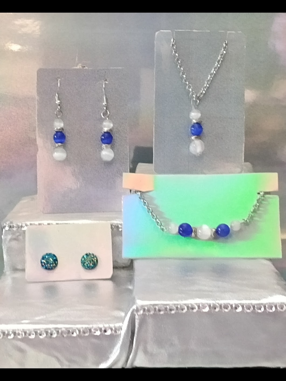 Blue and White Beaded Necklace and Earring Set - Women Jewelry